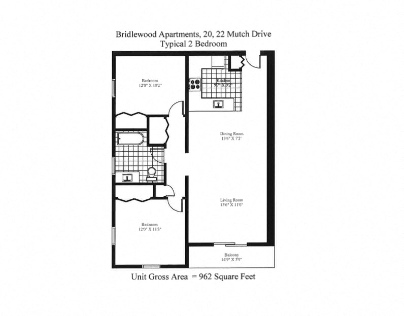 Floor plan for 2 beds, 1 bath, 962 sqft